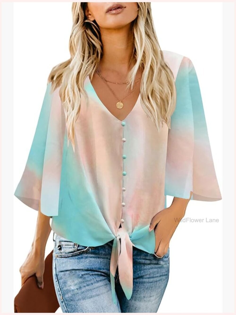 V Neck Button Down Blouse 3/4 Sleeve Tie Front Dressy Casual Flowy Top